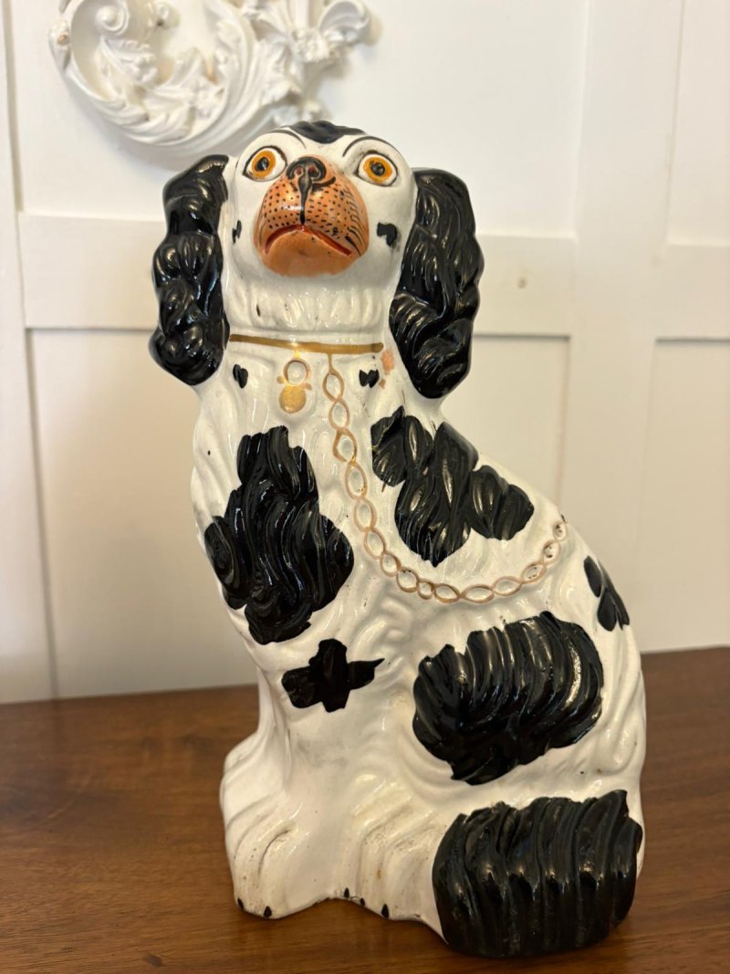 Antique Pair of Staffordshire Black & White Spaniel Dogs